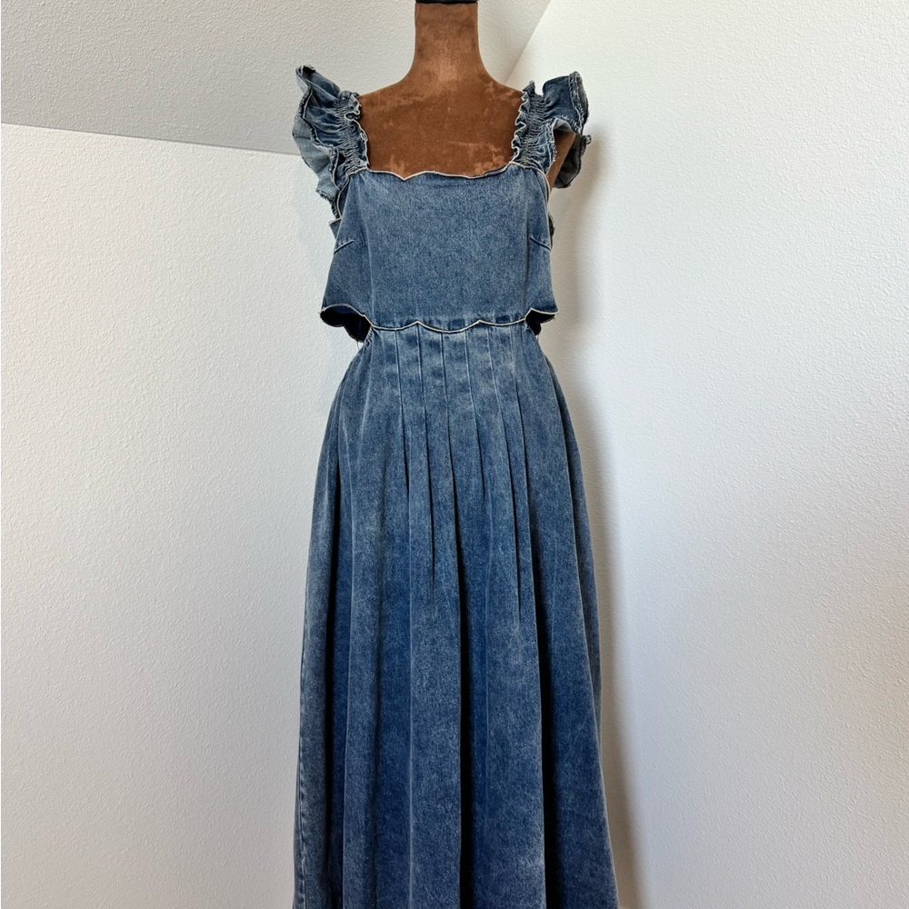 Washed Blue Denim Midi Dress with Ruffle Straps